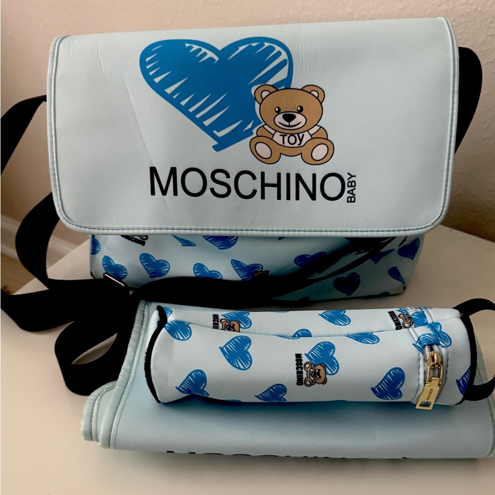 Moschino Baby Teddy Bear Diaper Changing Bag Blue Hearts